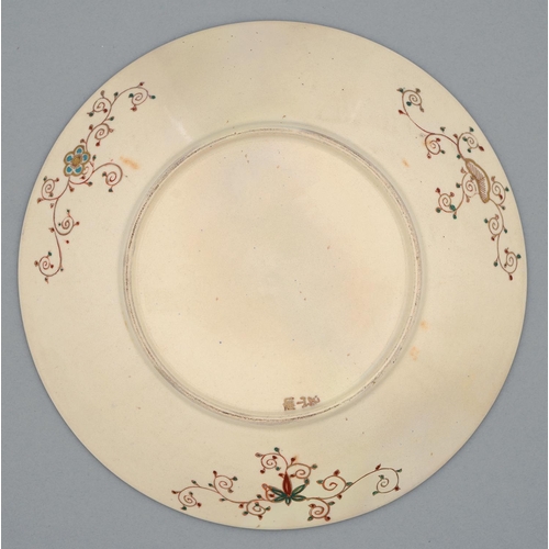 366 - A Satsuma ware plate, Meiji period, enamelled and gilt with chrysanthemums and insects in wide gilt ... 