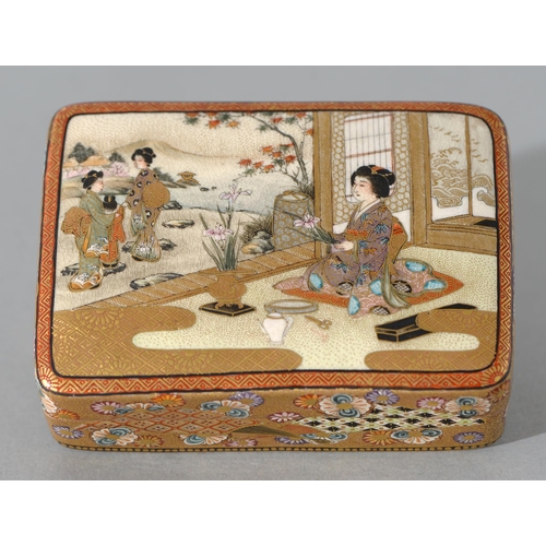 367 - A Satsuma ware box and cover, Meiji period, the cover enamelled with a woman in an interior arrangin... 