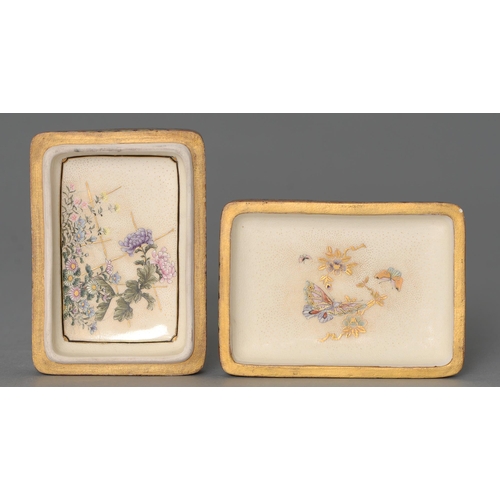 367 - A Satsuma ware box and cover, Meiji period, the cover enamelled with a woman in an interior arrangin... 