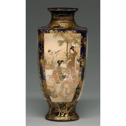 368 - A Satsuma ware vase, Meiji period, of square section, painted with alternate scenes of bijin and lan... 