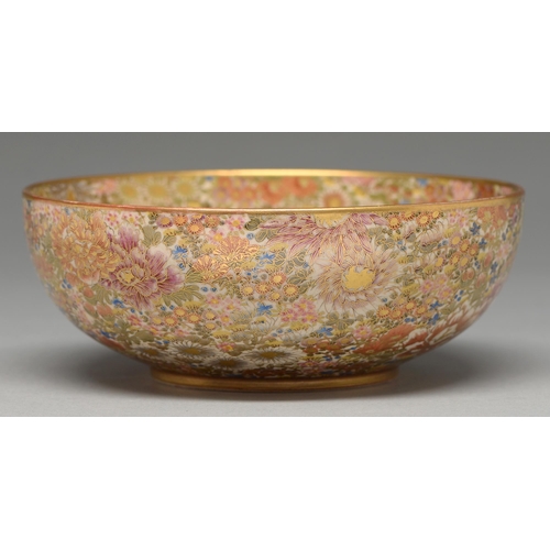 371 - A Satsuma ware millefleurs bowl, Meiji period, on gilt foot, 19cm diam, gilt signature and shimazu m... 