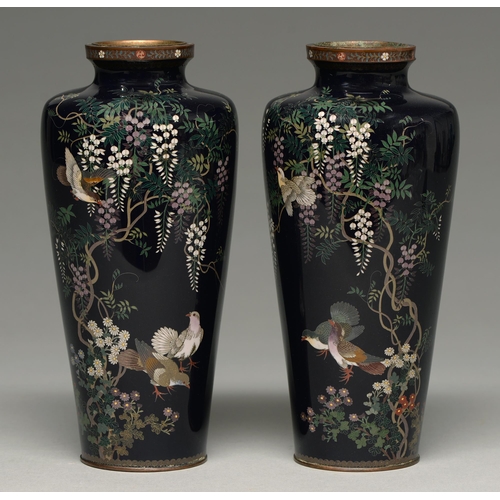 379 - A pair of Japanese cloisonne enamel vases, Meiji period, enamelled in silver wire cloisons with pige... 