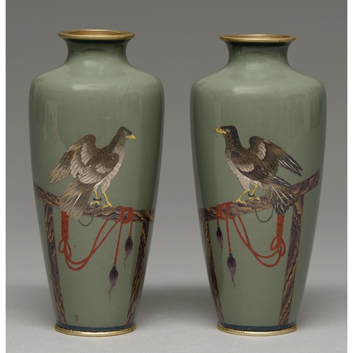 380 - A pair of Japanese cloisonne enamel vases, Taisho period, enamelled in silver wire cloisons with a f... 