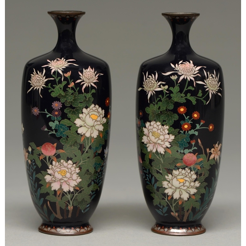 381 - A pair of Japanese cloisonne enamel vases, Meiji period, enamelled with chrysanthemums, peonies and ... 