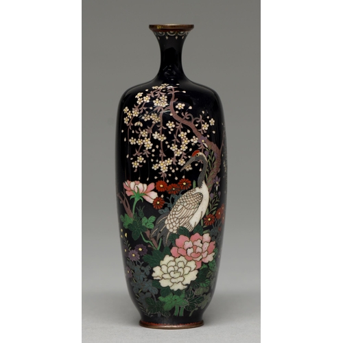 382 - A Japanese cloisonne enamel vase, Meiji period, of square section, enamelled in silver cloisonne wit... 