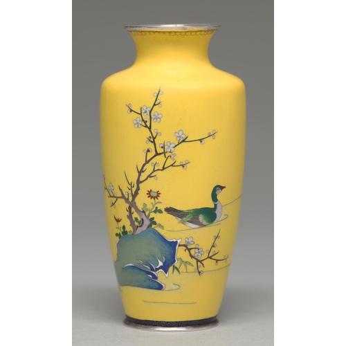 383 - A Japanese cloisonne enamel vase, Taisho period, enamelled with a duck near prunus growing from a ro... 