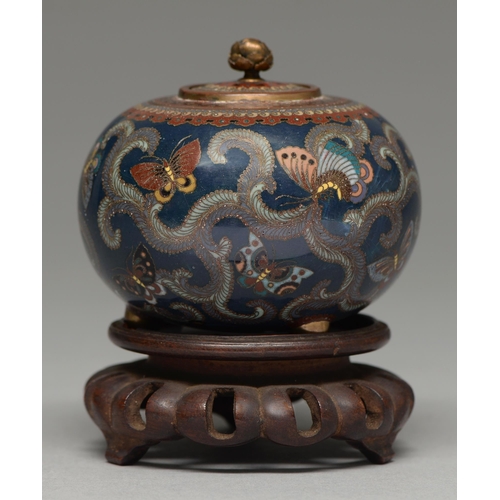 385 - A Japanese cloisonne enamel jar and cover, Meiji period, enamelled with butterflies and a long feath... 