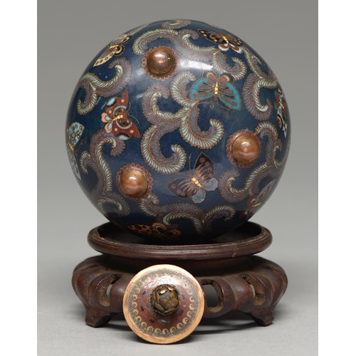 385 - A Japanese cloisonne enamel jar and cover, Meiji period, enamelled with butterflies and a long feath... 