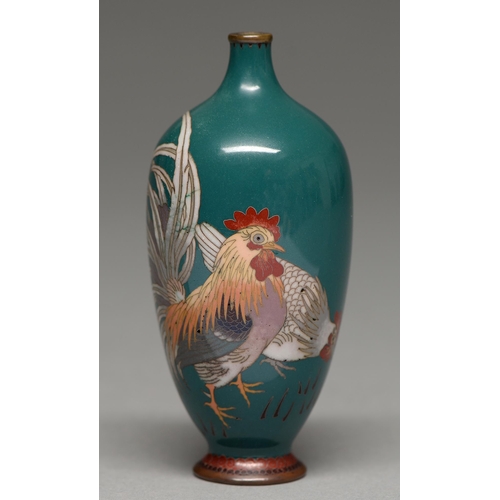 387 - A Japanese cloisonne enamel vase, Meiji period, enamelled with a cock and hen on a green ground, 10.... 