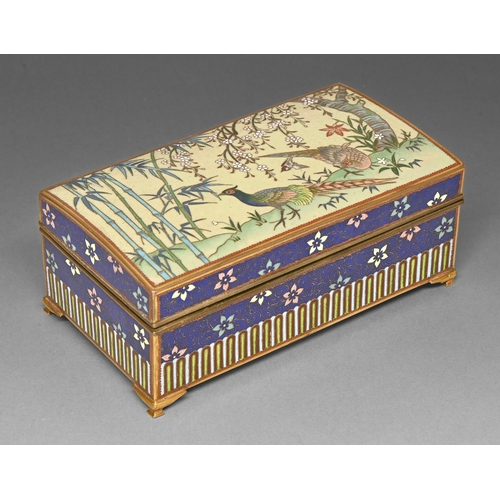 390 - A Japanese cloisonne enamel box, the slightly domed lid enamelled with pheasants beneath cherry blos... 