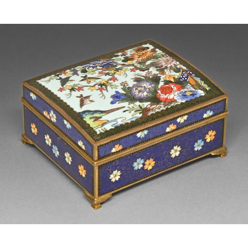 392 - A Japanese cloisonne enamel cigarette box, second quarter 20th c, the lid enamelled with peony and f... 