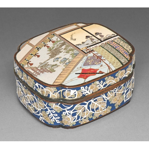 394 - A Japanese cloisonne enamel box and cover, Meiji / Taisho, the cover enamelled with an interior, the... 