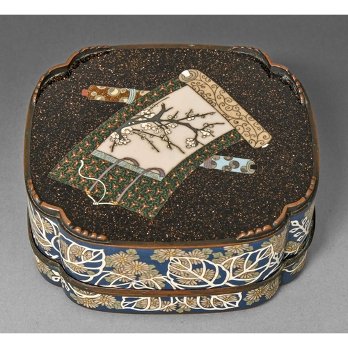 394 - A Japanese cloisonne enamel box and cover, Meiji / Taisho, the cover enamelled with an interior, the... 