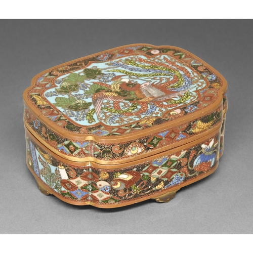 396 - A Japanese cloisonne enamel box and cover, Meiji period, the cover enamelled with phoenix on a turqu... 