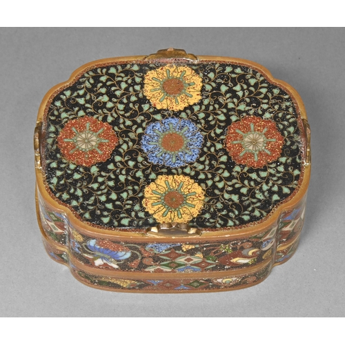 396 - A Japanese cloisonne enamel box and cover, Meiji period, the cover enamelled with phoenix on a turqu... 