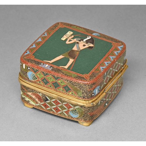 397 - A Japanese cloisonne enamel trinket box, c1930, the lid enamelled with Horus on a green ground, the ... 