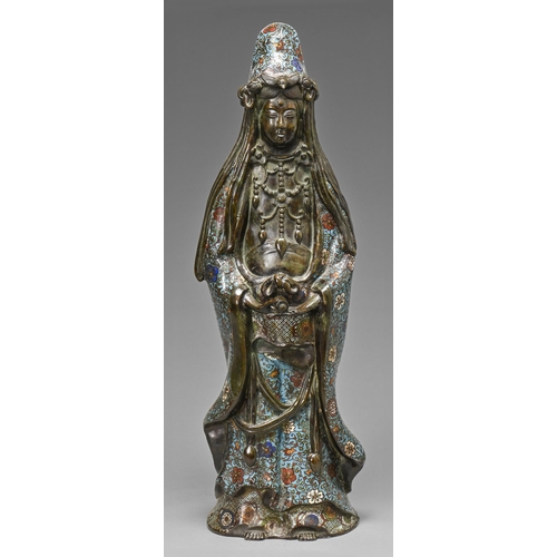 399 - A Japanese bronze and champleve enamel figure of Kanon, Meiji period, 68cm h