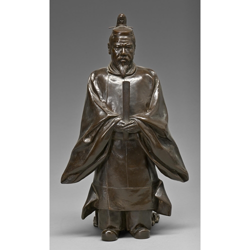 401 - A Japanese bronze sculpture of  the Emperor Meiji dressed in Shinto style holding a ceremonial stuff... 