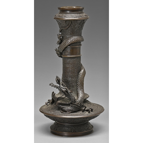 402 - A Japanese bronze vase, Meiji period, cast and applied with dragons, 36cm h