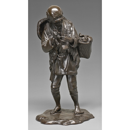 404 - A Japanese bronze sculpture of a farmer, Meiji period, pausing to light his pipe and carrying a bask... 