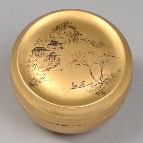 410 - A Japanese gold lacquer  tea caddy box (natsume) and cover, Meiji / Taisho period, the cover painted... 