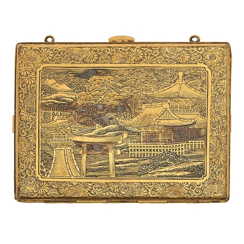 421 - A Japanese inlaid metal compact, Kyoto,  Taisho or early Showa period, decorated in gold and shibuic... 