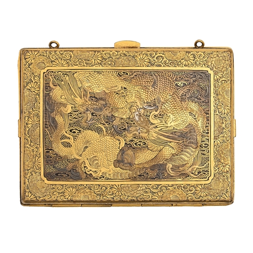 421 - A Japanese inlaid metal compact, Kyoto,  Taisho or early Showa period, decorated in gold and shibuic... 