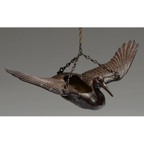 432 - A Japanese bronze hanging sculpture of a flying crane, for flower arrangement, Meiji period, 33.5cm ... 