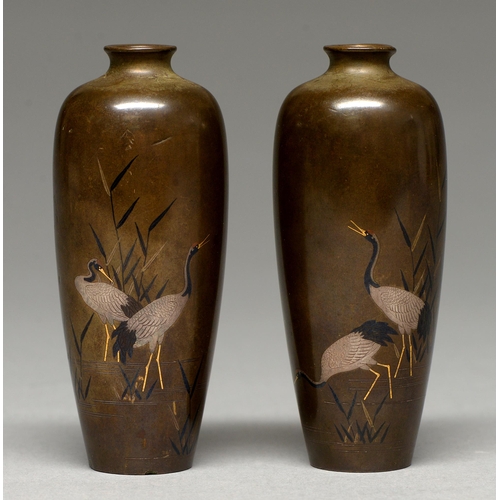 441 - A pair of Japanese inlaid bronze vases, Meiji period, with cranes and bamboo, 11.5cm h, unsigned... 