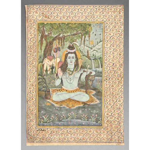 443 - Indian School, 19th c - Shiva with Nandi, illustrated leaf from a manuscript, text verso, 30 x 20.5c... 