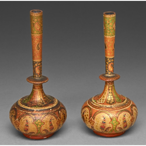 444 - A pair of lacquered wood flasks, Kashmir, late 19th c, decorated in polychrome with botehs and richl... 