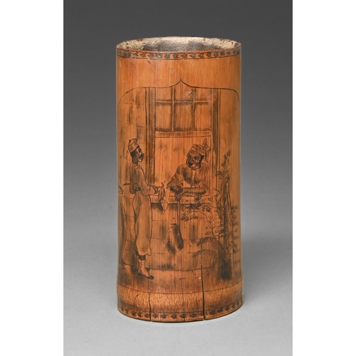 445 - A South East Asian pyrographically and penwork decorated bamboo brush pot or vase, 19th c, decorated... 