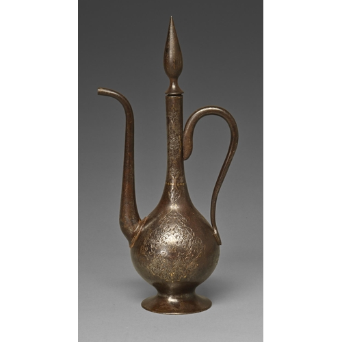 451 - An Indo Persian damascened ewer and stopper, aftaba, 18th c, chased and inlaid with traces of gold w... 