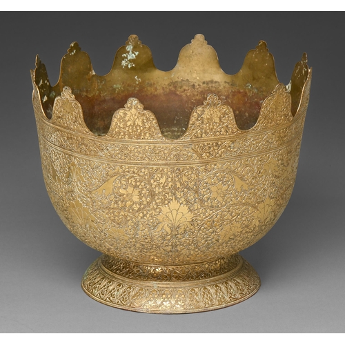 452 - An Indian brass bowl or Monteith, 19th c, crisply chased with formal stylised floral designs, 22cm h... 