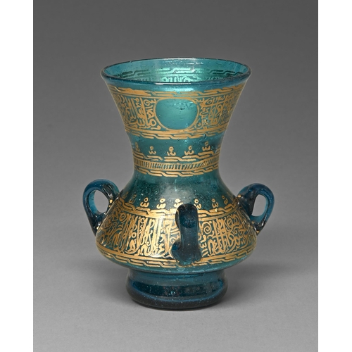 453 - A Middle Eastern gilt blue glass mosque lamp, 19th c, with three loops for suspension, 12cm h... 