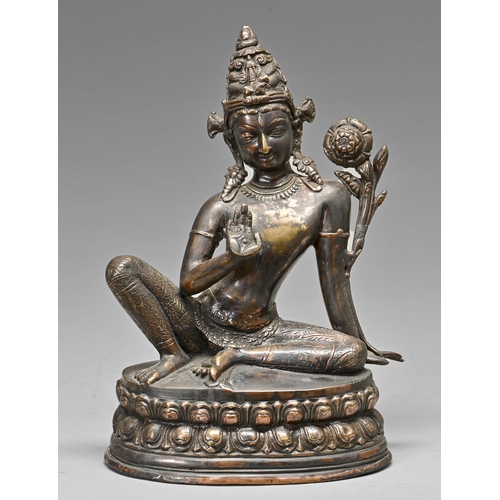 458 - A South East Asian silvered brass sculpture of Avalokita Chittravishrama, on double lotus base, seal... 