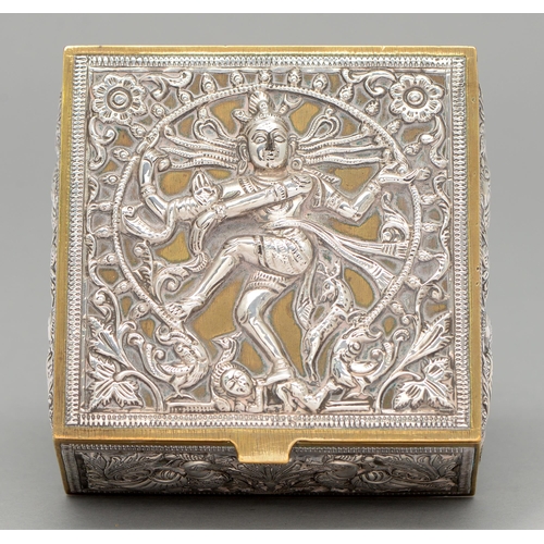 465 - An Indian brass cigarette box, early 20th c, the silver repousse decoration to the lid and sides of ... 