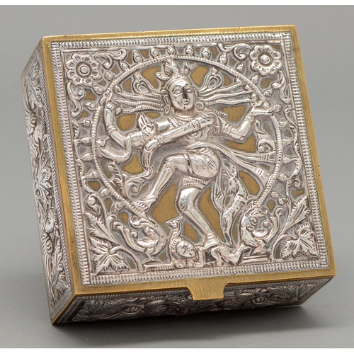 465 - An Indian brass cigarette box, early 20th c, the silver repousse decoration to the lid and sides of ... 