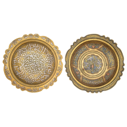 470 - Two brass Cairo ware dishes, Egypt or Syria, late 19th c, with applied silver or silver and copper d... 