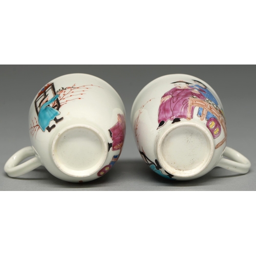 484 - Two Worcester coffee cups, c1765, with underglaze blue border and painted with three Chinese figures... 