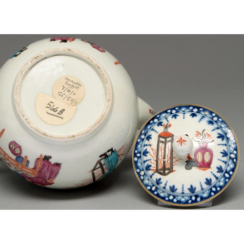 490 - A Worcester teapot and cover, c1765, with underglaze blue border, the teapot painted to either side ... 