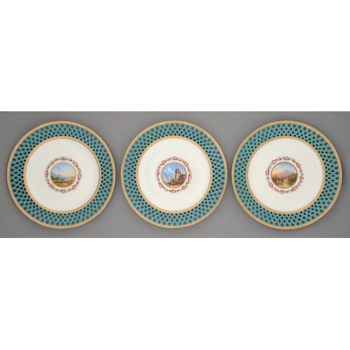 540 - A set of three Minton plates, c1870, painted to the centre with a Continental landscape encircled by... 