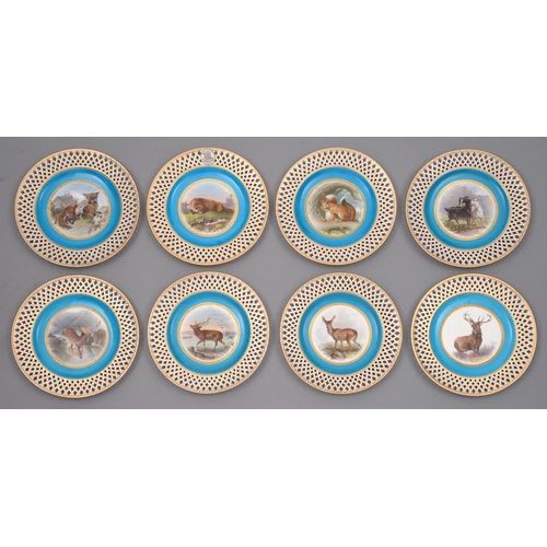 542 - Eight Minton dessert plates painted with Landseer subjects, 1871, 1877 and circa, each with a differ... 