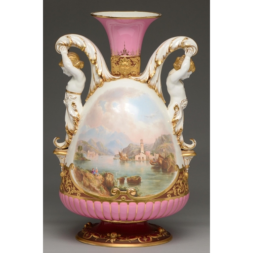 544 - A Brown-Westhead, Moore & Co vase, c1870, with flared neck and demi figural acanthus handles, pa... 