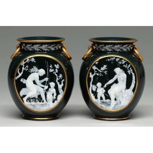 545 - A pair of Brown-Westhead, Moore & Co pate sur pate style vases, c1890, with a nymph instructing ... 