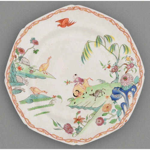 548 - A Derby porcelain plate, c1780, enamelled with a boy on a buffalo, a dog and geese on a precipice or... 