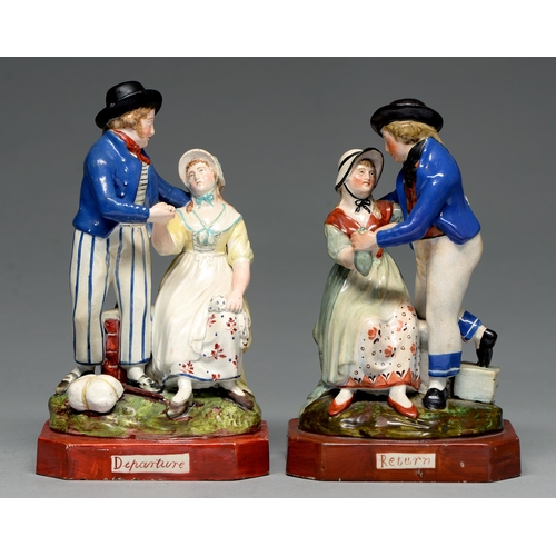 554 - A pair of Staffordshire pearlware groups of the Sailor's Departure and Return, c1830, painted in ove... 