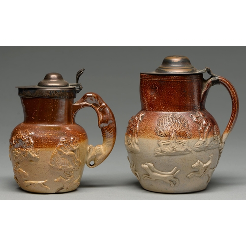 557 - A silver mounted English saltglazed brown stoneware hunting jug, c1797, with greyhound handle, 16.5c... 