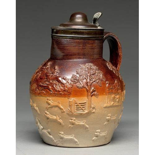 560 - A Sheffield plate mounted saltglazed brown stoneware hunting jug, probably London, early 19th c, the... 