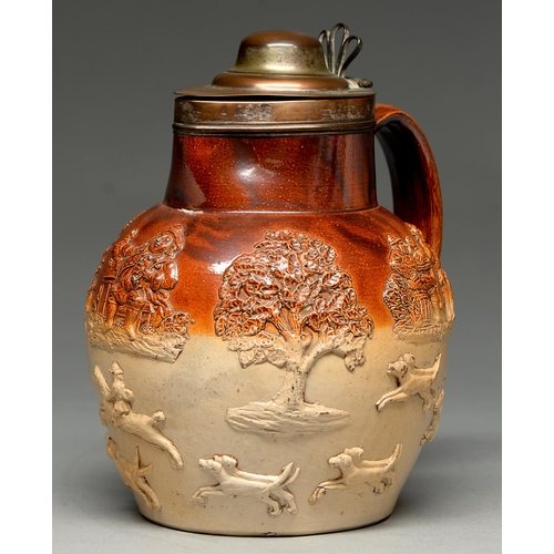 561 - A Sheffield plate mounted saltglazed brown stoneware hunting jug, London or possibly Bristol, early ... 